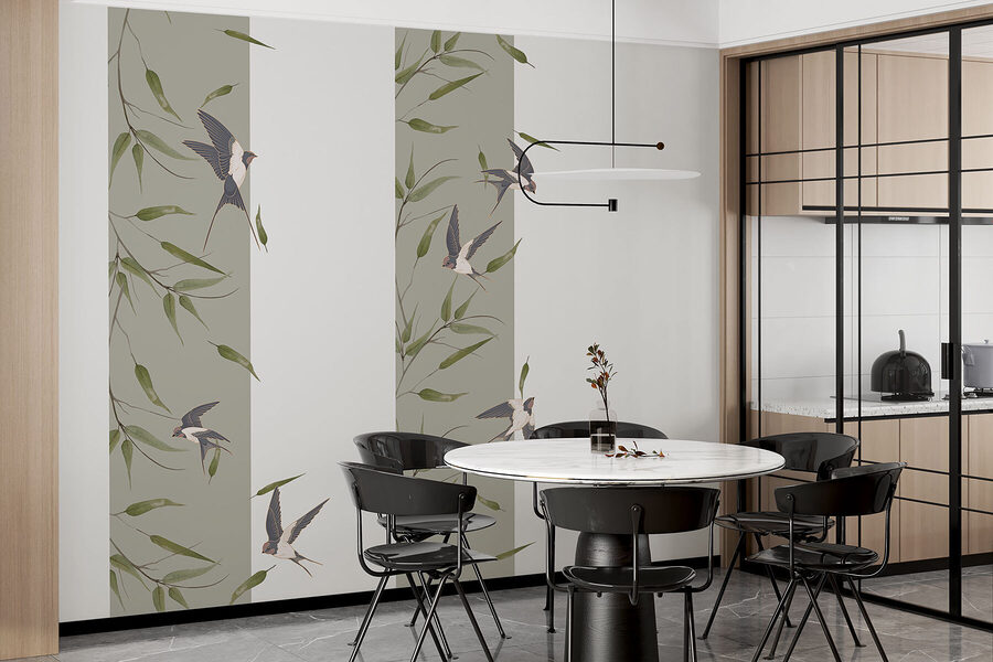 Papier peint avec des oiseaux volant sur une branche