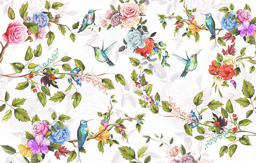 Papier peint avec des fleurs et des oiseaux Papier peint avec des fleurs et des oiseaux