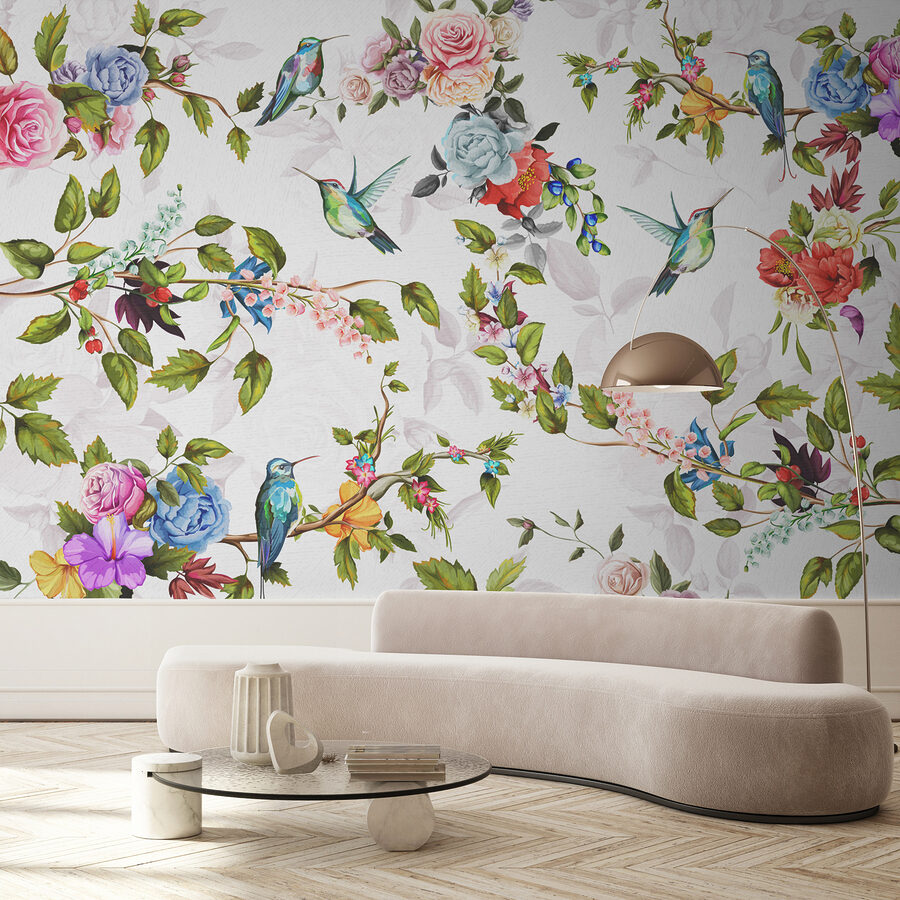 Papier peint avec des fleurs et des oiseaux Papier peint avec des fleurs et des oiseaux