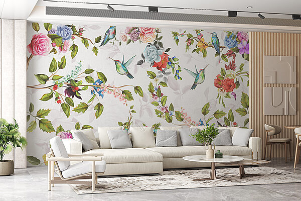Papier peint avec des fleurs et des oiseaux Papier peint avec des fleurs et des oiseaux