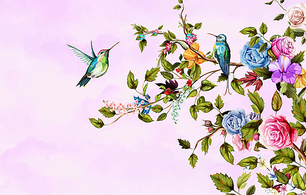 Peinture d'oiseaux sur une branche avec des fleurs Peinture d'oiseaux sur une branche avec des fleurs
