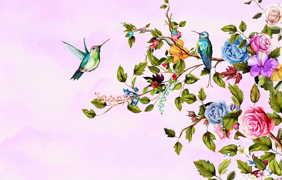 Peinture d'oiseaux sur une branche avec des fleurs
