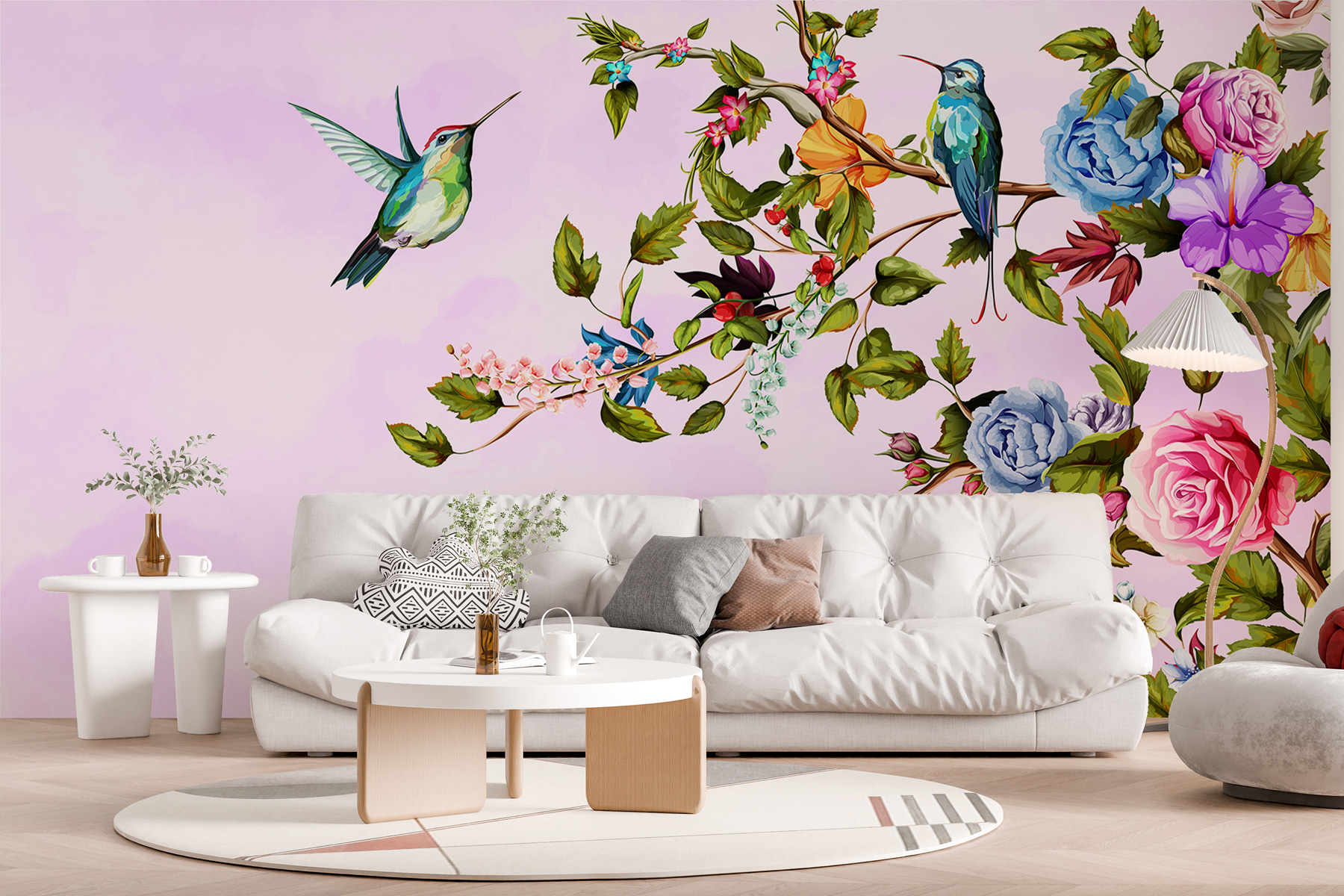 Painting of birds on a branch with flowers