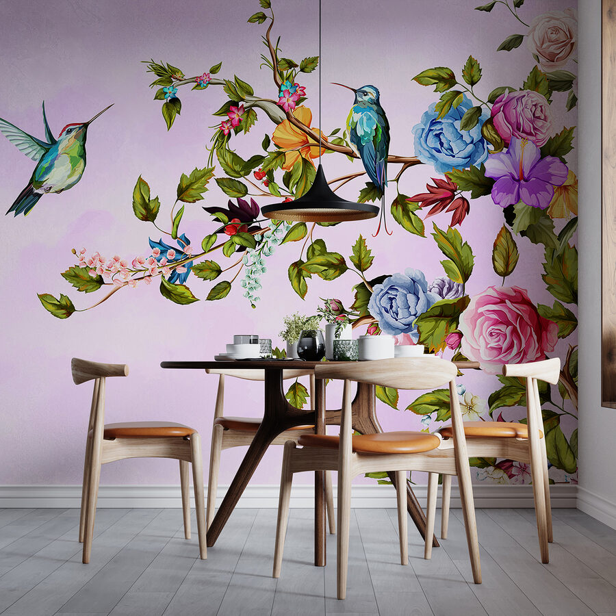 Peinture d'oiseaux sur une branche avec des fleurs