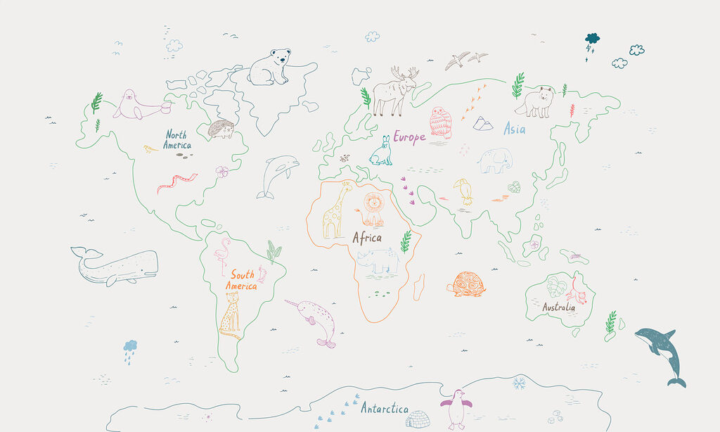 Carte du monde avec animaux et texte Carte du monde avec animaux et texte