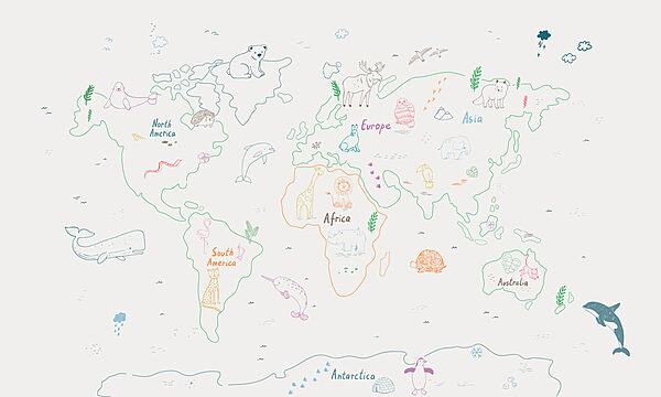 Carte du monde avec animaux et texte Carte du monde avec animaux et texte