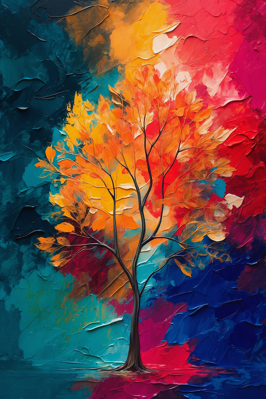Peinture d'un arbre aux feuilles orange et bleues Peinture d'un arbre aux feuilles orange et bleues