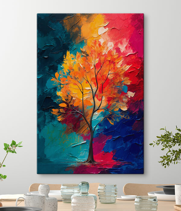 Peinture d'un arbre aux feuilles orange et bleues Peinture d'un arbre aux feuilles orange et bleues