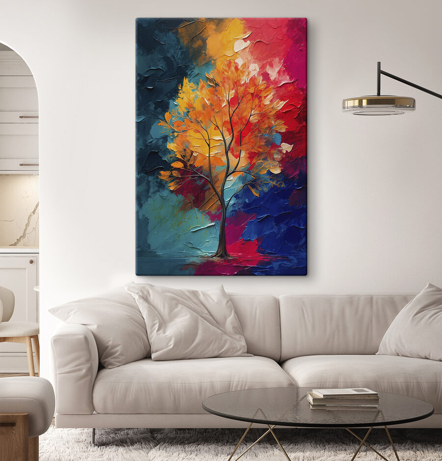 Peinture d'un arbre aux feuilles orange et bleues Peinture d'un arbre aux feuilles orange et bleues