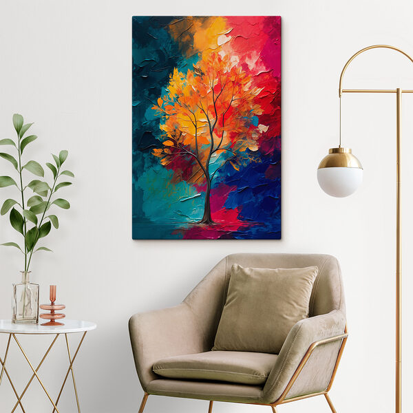 Peinture d'un arbre aux feuilles orange et bleues Peinture d'un arbre aux feuilles orange et bleues