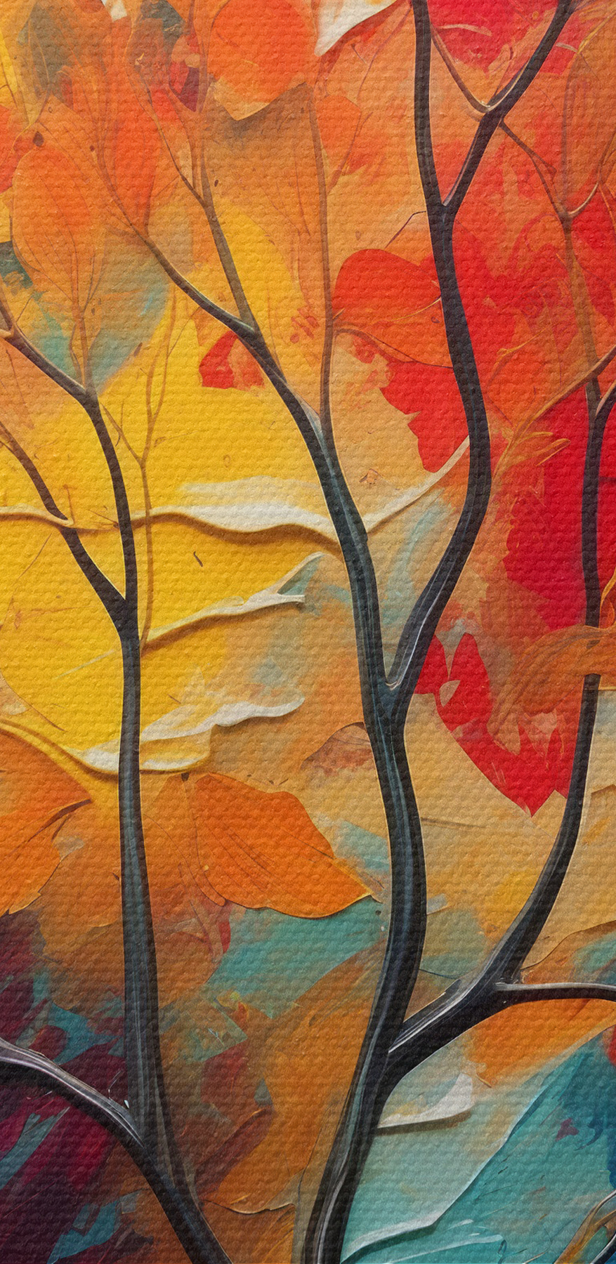 Peinture d'un arbre aux feuilles orange et bleues Peinture d'un arbre aux feuilles orange et bleues