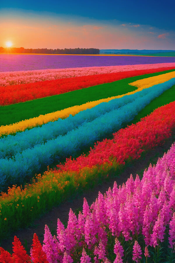 Champ de fleurs avec le soleil couchant derrière elles Champ de fleurs avec le soleil couchant derrière elles