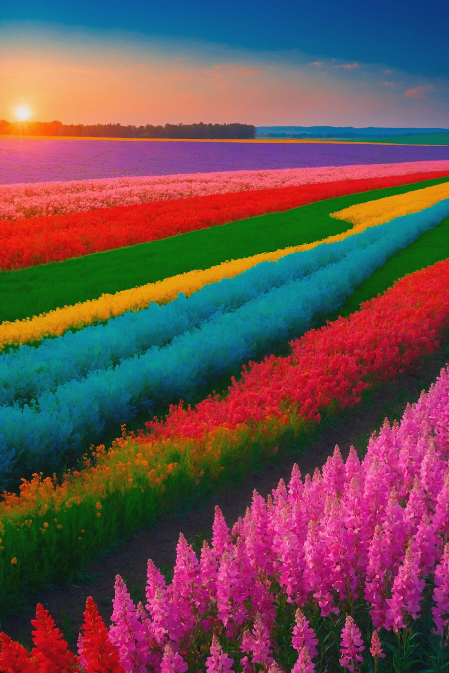 Champ de fleurs avec le soleil couchant derrière elles