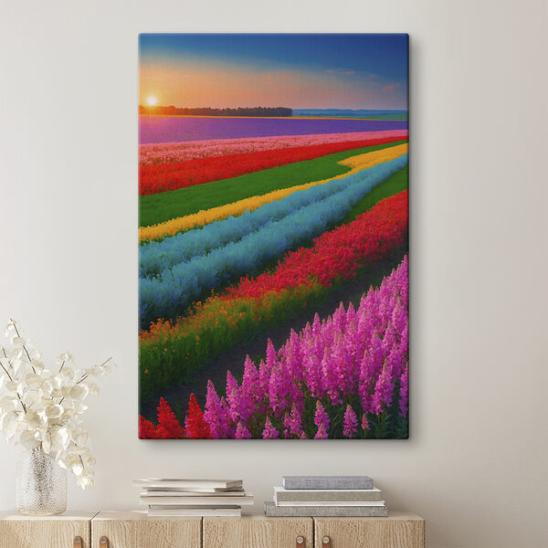 Champ de fleurs avec le soleil couchant derrière elles Champ de fleurs avec le soleil couchant derrière elles
