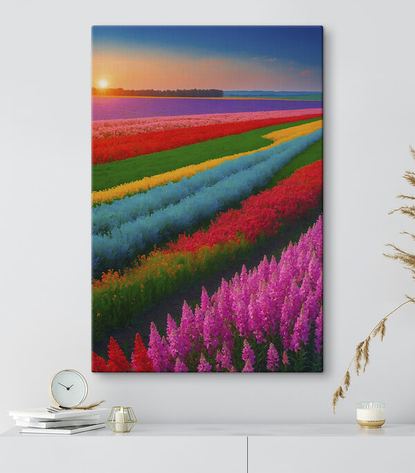 Champ de fleurs avec le soleil couchant derrière elles Champ de fleurs avec le soleil couchant derrière elles