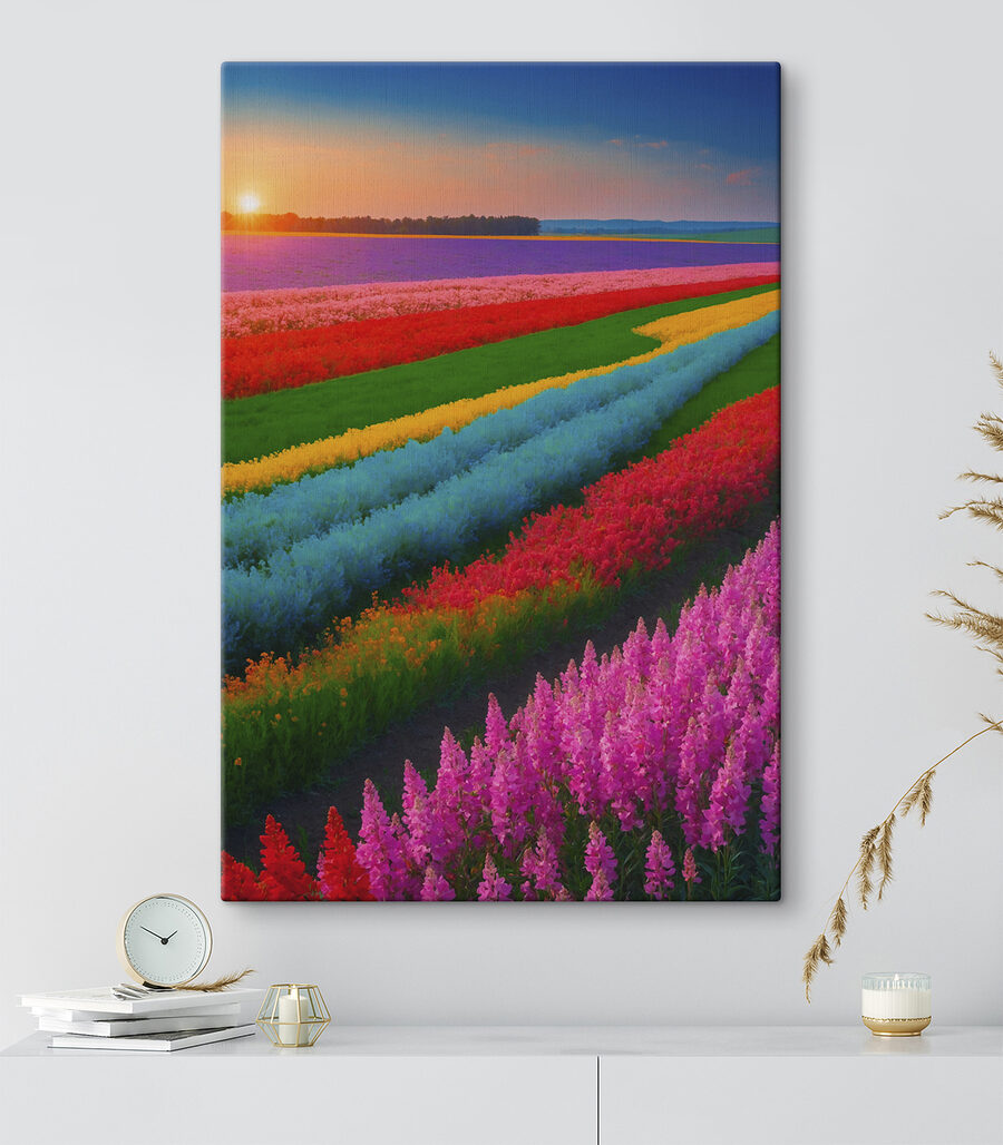 Champ de fleurs avec le soleil couchant derrière elles