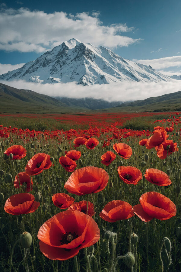 Champ de fleurs rouges avec une montagne en arrière-plan Champ de fleurs rouges avec une montagne en arrière-plan