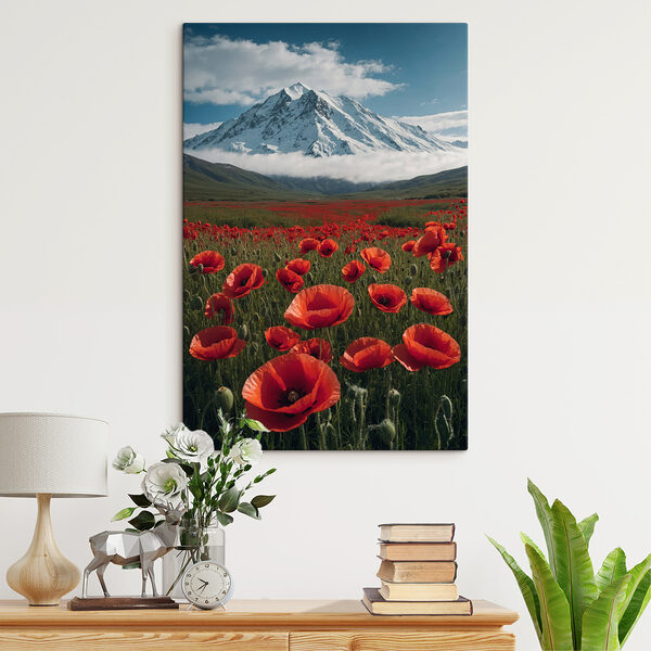 Champ de fleurs rouges avec une montagne en arrière-plan Champ de fleurs rouges avec une montagne en arrière-plan