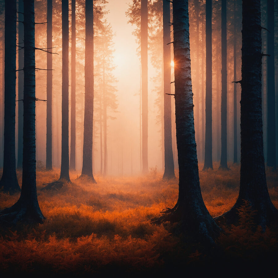 Forêt avec arbres et brouillard Forêt avec arbres et brouillard