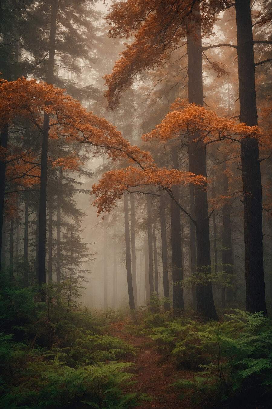Tableaux Forêt avec arbres et brouillard – Image 9