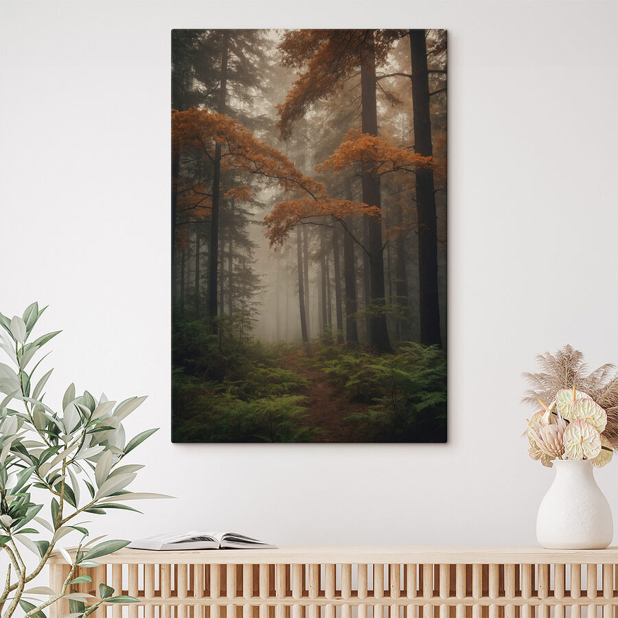 Tableaux Forêt avec arbres et brouillard – Image 2