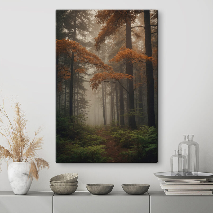 Tableaux Forêt avec arbres et brouillard – Image 3