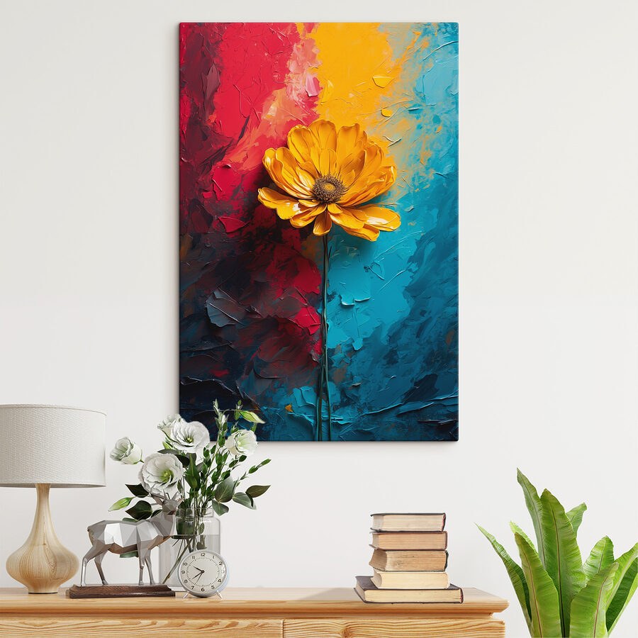 Fleur jaune sur fond bleu et rouge Fleur jaune sur fond bleu et rouge