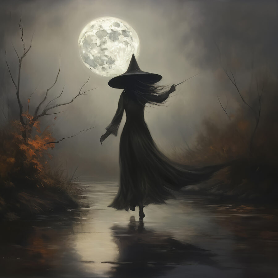 Femme vêtue d'un vêtement d'homme marchant sur un sentier à la pleine lune