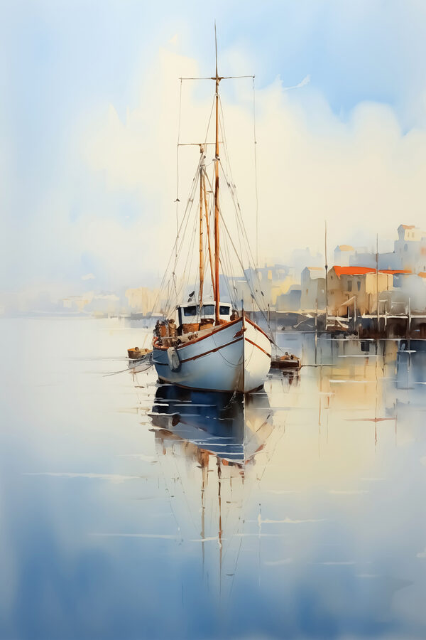 Watercolor of a boat in a harbor Watercolor of a boat in a harbor