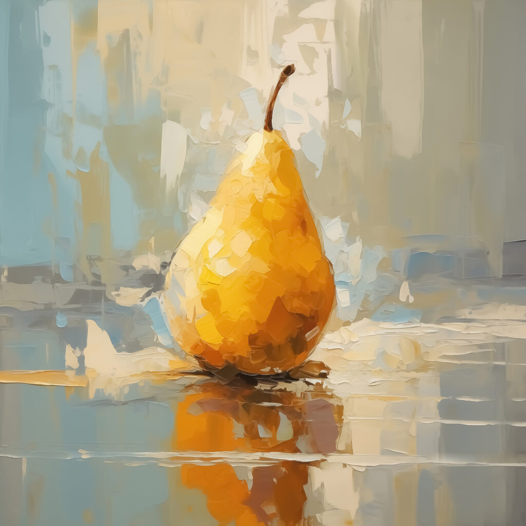 Yellow pear on a reflective surface