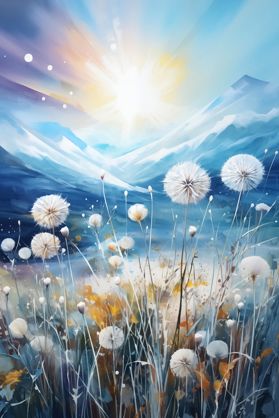 Peinture d'un champ de pissenlits