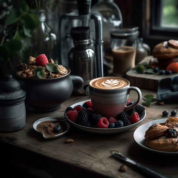 Tasse de café avec un latte art sur une assiette avec des fruits et des céréales Tasse de café avec un latte art sur une assiette avec des fruits et des céréales