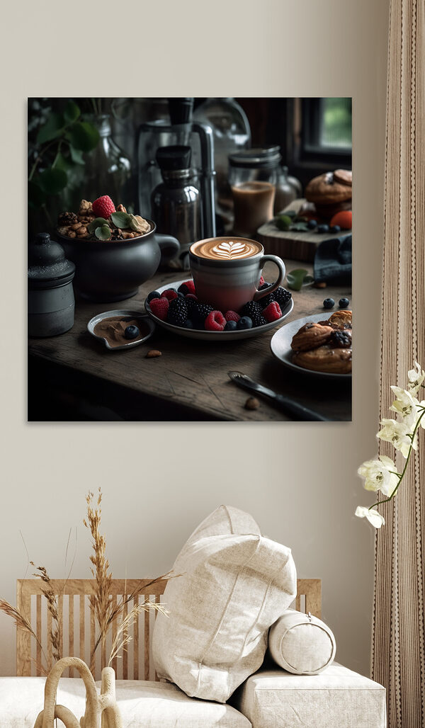 Tasse de café avec un latte art sur une assiette avec des fruits et des céréales Tasse de café avec un latte art sur une assiette avec des fruits et des céréales