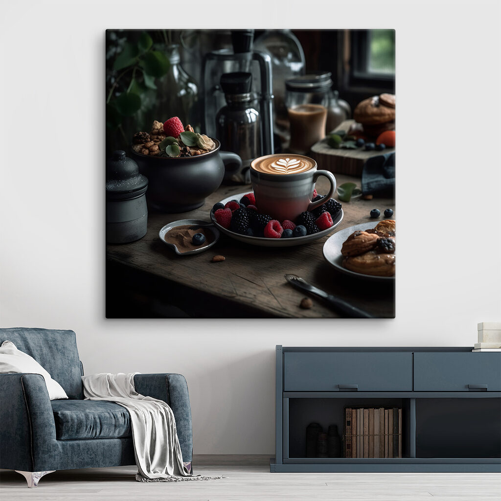 Cup of coffee with a latte art on a plate with fruit and cereals