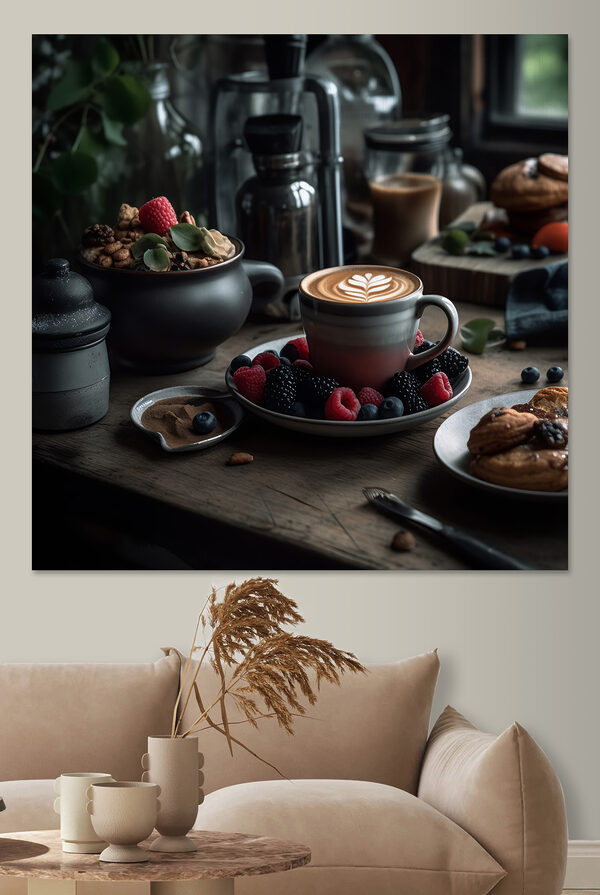 Tasse de café avec un latte art sur une assiette avec des fruits et des céréales Tasse de café avec un latte art sur une assiette avec des fruits et des céréales