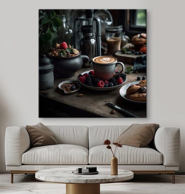 Tasse de café avec un latte art sur une assiette avec des fruits et des céréales Tasse de café avec un latte art sur une assiette avec des fruits et des céréales