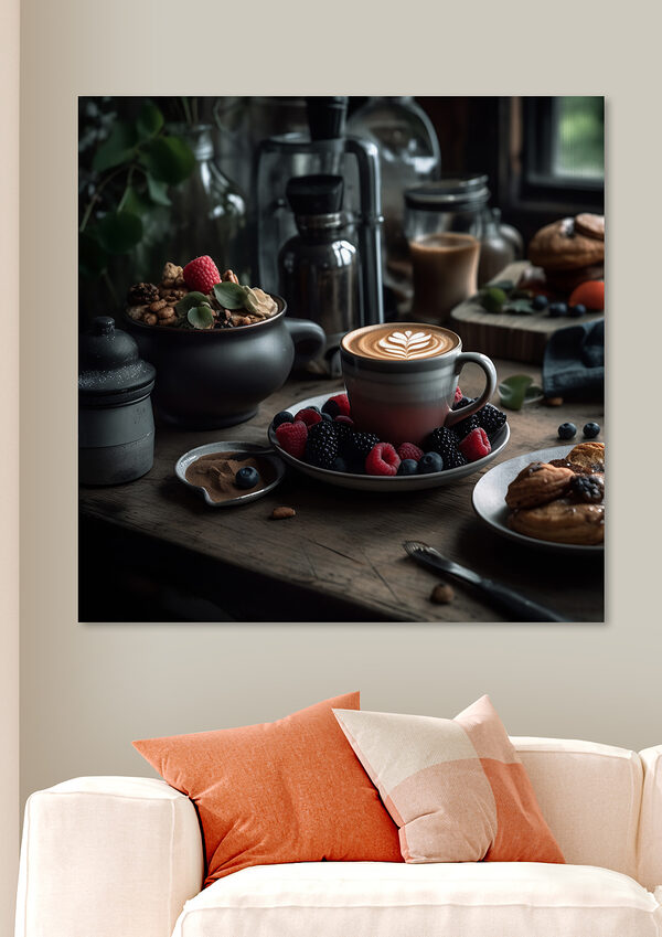 Tasse de café avec un latte art sur une assiette avec des fruits et des céréales Tasse de café avec un latte art sur une assiette avec des fruits et des céréales
