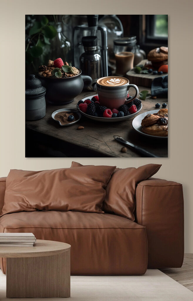 Cup of coffee with a latte art on a plate with fruit and cereals
