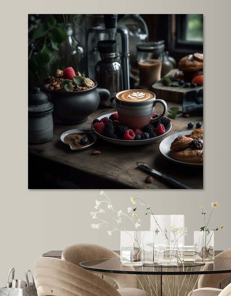Cup of coffee with a latte art on a plate with fruit and cereals