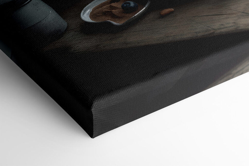 Cup of coffee with a latte art on a plate with fruit and cereals