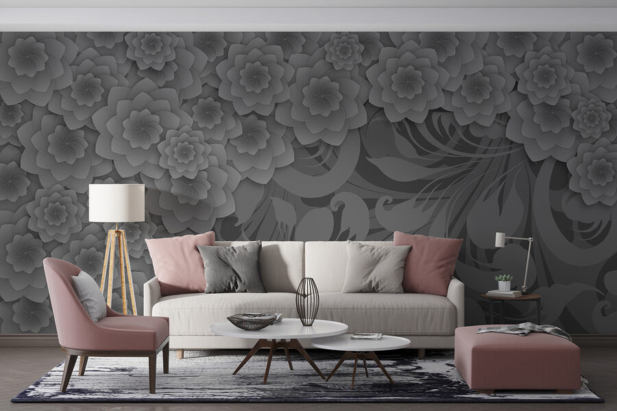 Motif floral gris et blanc