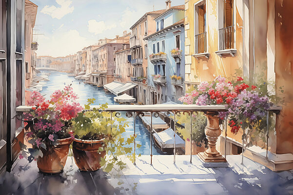 Watercolor painting of a river with a row of buildings and flowers on a balcony Watercolor painting of a river with a row of buildings and flowers on a balcony