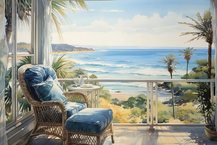Aquarelle représentant une chaise et une table sur un balcon surplombant une plage
