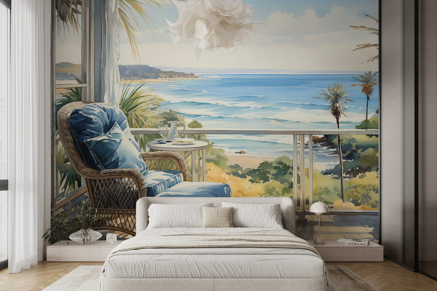 Aquarelle représentant une chaise et une table sur un balcon surplombant une plage