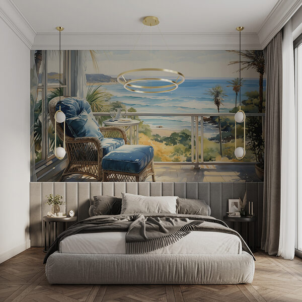 Aquarelle représentant une chaise et une table sur un balcon surplombant une plage Aquarelle représentant une chaise et une table sur un balcon surplombant une plage