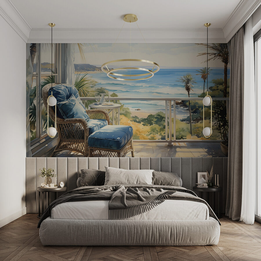 Aquarelle représentant une chaise et une table sur un balcon surplombant une plage