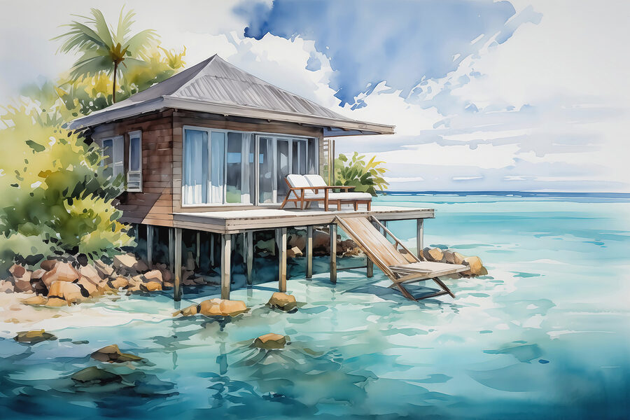 Aquarelle d'une maison sur pilotis Aquarelle d'une maison sur pilotis