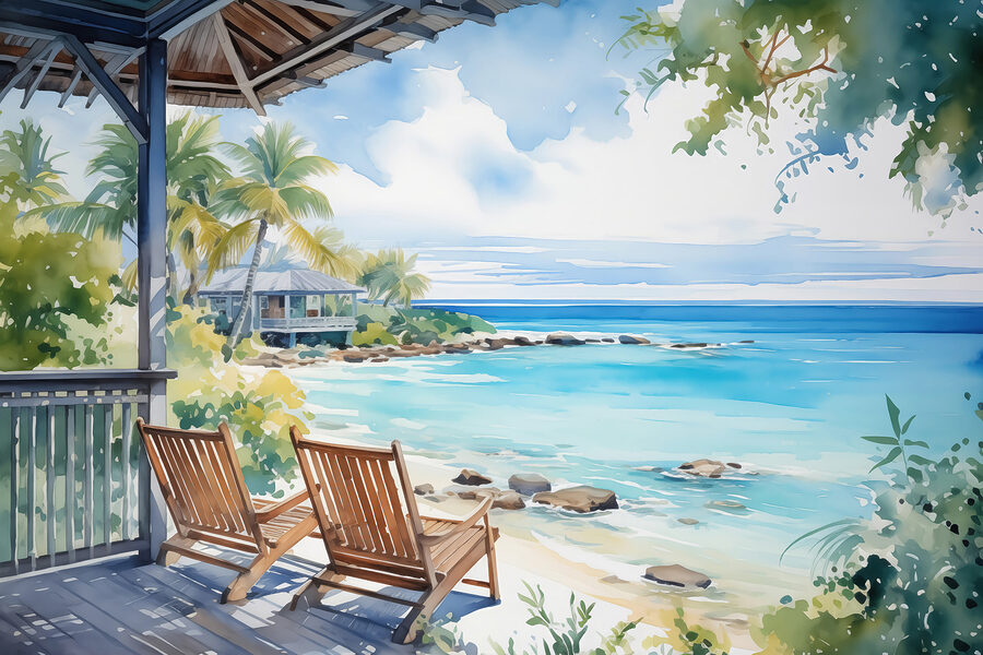 Aquarelle représentant des chaises sur une terrasse surplombant une plage
