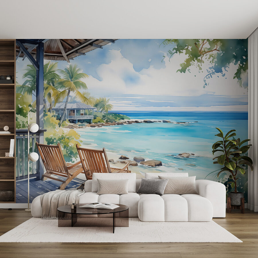 Aquarelle représentant des chaises sur une terrasse surplombant une plage