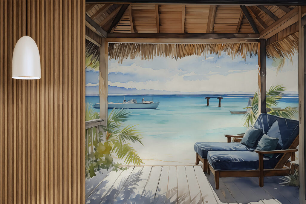 Watercolor painting of a beach with chairs and a boat